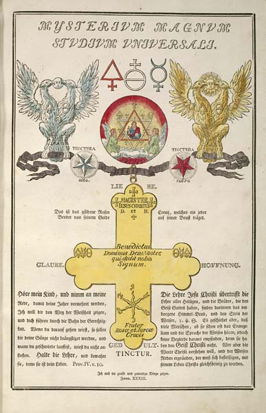 Mysterium Magnum Studium Universali plate from Geheime Figuren der Rosenkreuzer, showing two double-headed eagles flanking the Rosy Cross