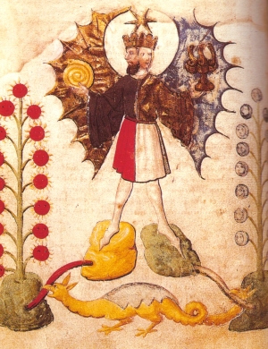 Illuminated manuscript version of the crowned rebis figure standing upon a dragon
