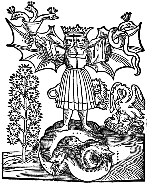 Alchemical woodcut of a crowned, winged rebis figure standing upon a three-headed dragon